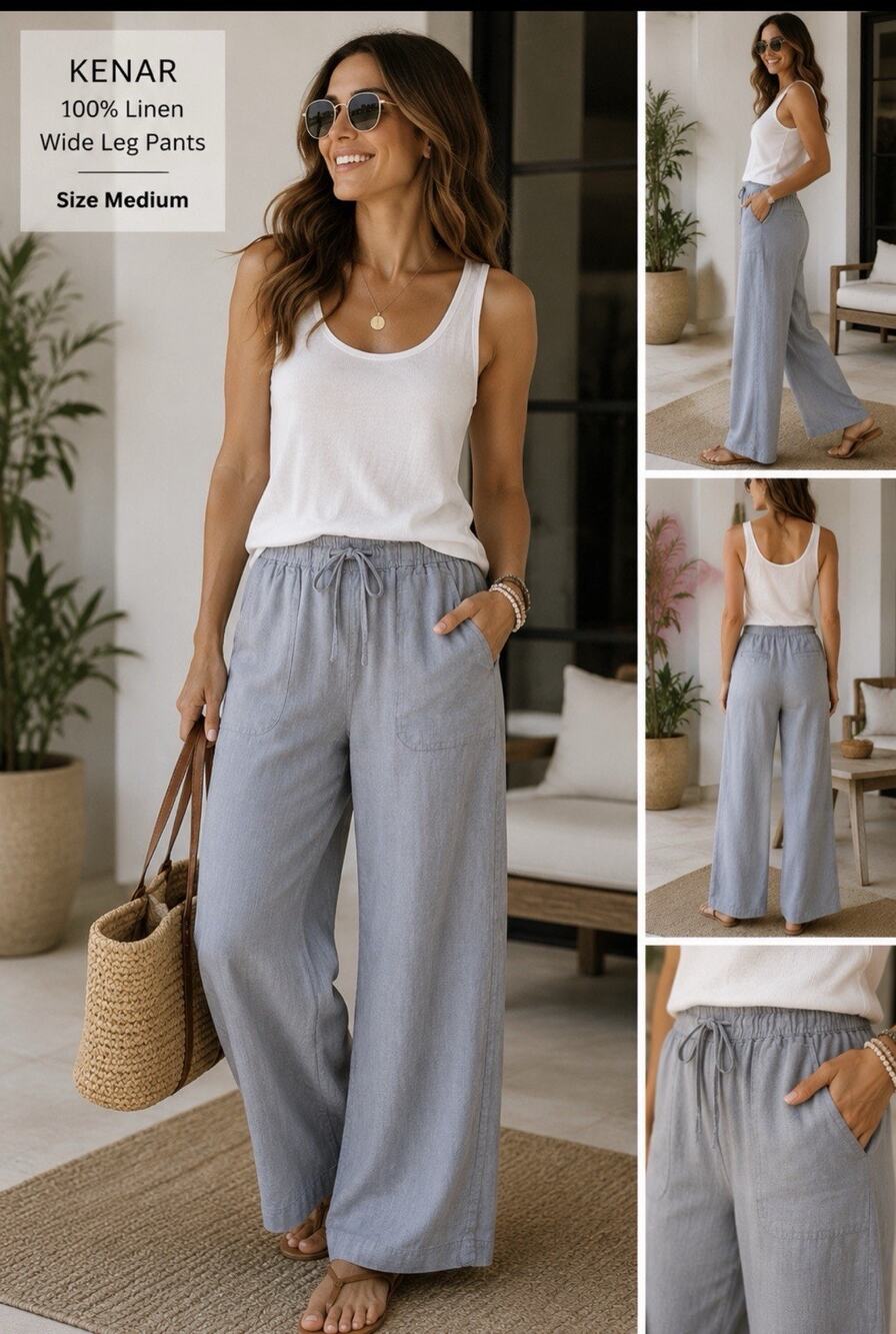 KENAR Women’s M 100% Linen Gray Drawstring Pull On Pants Beach Lounge Casual